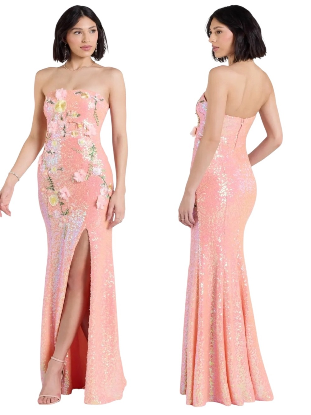 NEW Minerva Strapless Sequin Formal Gown Prom Dress Peach Floral Size Small 3/5